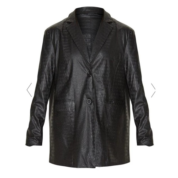Pretty Little Thing BLACK FAUX LEATHER CROC OVERSIZED DAD BLAZER - Picture 2 of 6